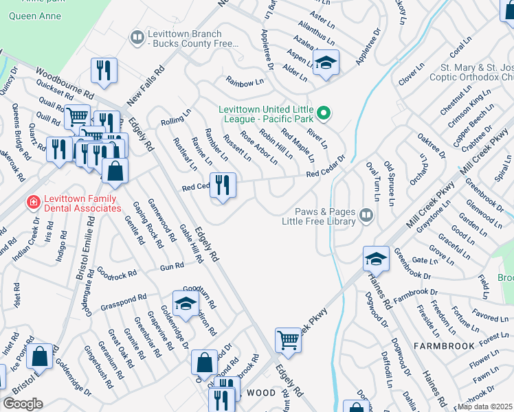 map of restaurants, bars, coffee shops, grocery stores, and more near 20 Ruby Lane in Levittown
