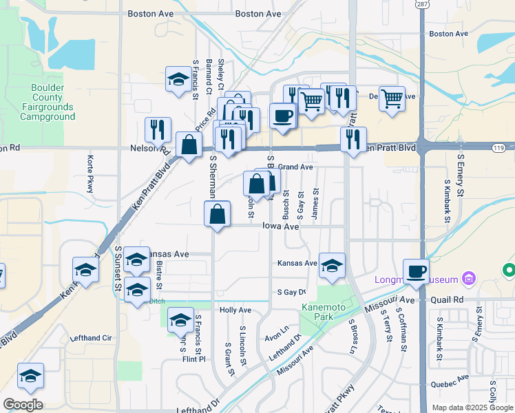 map of restaurants, bars, coffee shops, grocery stores, and more near 830 South Lincoln Street in Longmont