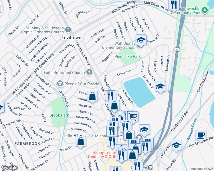 map of restaurants, bars, coffee shops, grocery stores, and more near 67 Lakeside Drive in Levittown