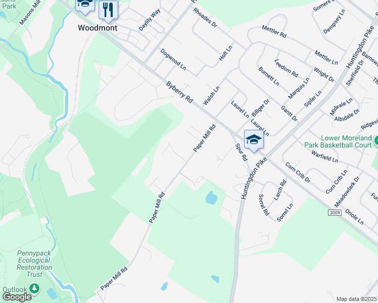 map of restaurants, bars, coffee shops, grocery stores, and more near 3370 Paper Mill Road in Montgomery County