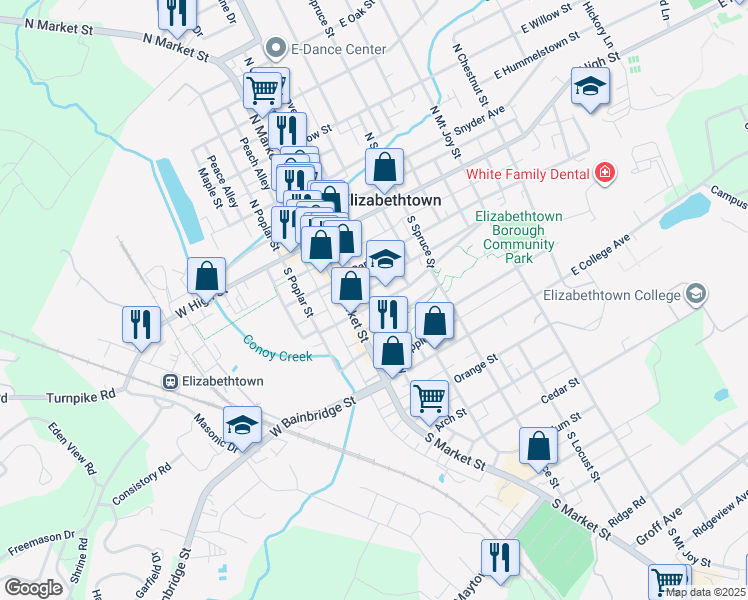 map of restaurants, bars, coffee shops, grocery stores, and more near 35 East Washington Street in Elizabethtown