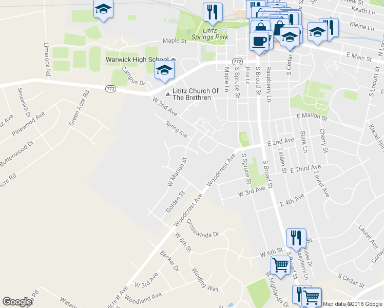 map of restaurants, bars, coffee shops, grocery stores, and more near 416 Hensley Street in Lititz