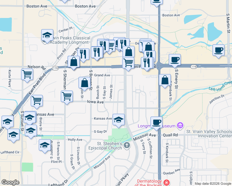map of restaurants, bars, coffee shops, grocery stores, and more near 822 South Bross Street in Longmont