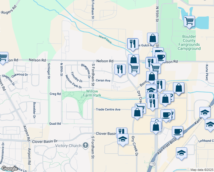 map of restaurants, bars, coffee shops, grocery stores, and more near 1001 Alta Vita Court in Longmont