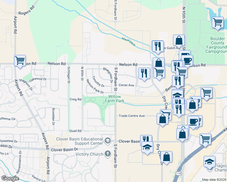 map of restaurants, bars, coffee shops, grocery stores, and more near in Longmont