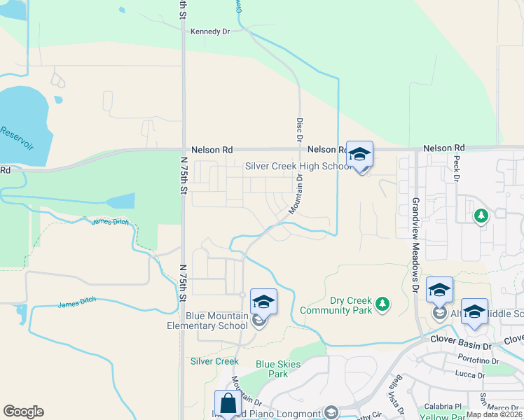 map of restaurants, bars, coffee shops, grocery stores, and more near 5610 Four Leaf Drive in Longmont