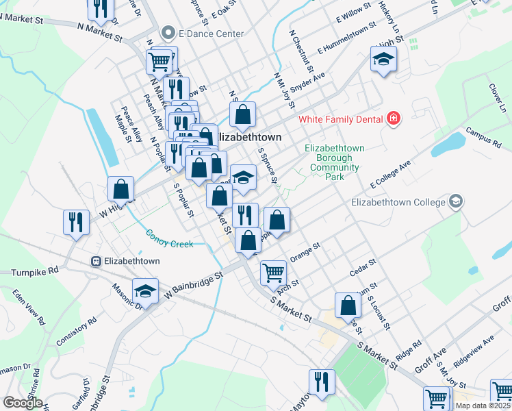 map of restaurants, bars, coffee shops, grocery stores, and more near 230 South Spruce Street in Elizabethtown