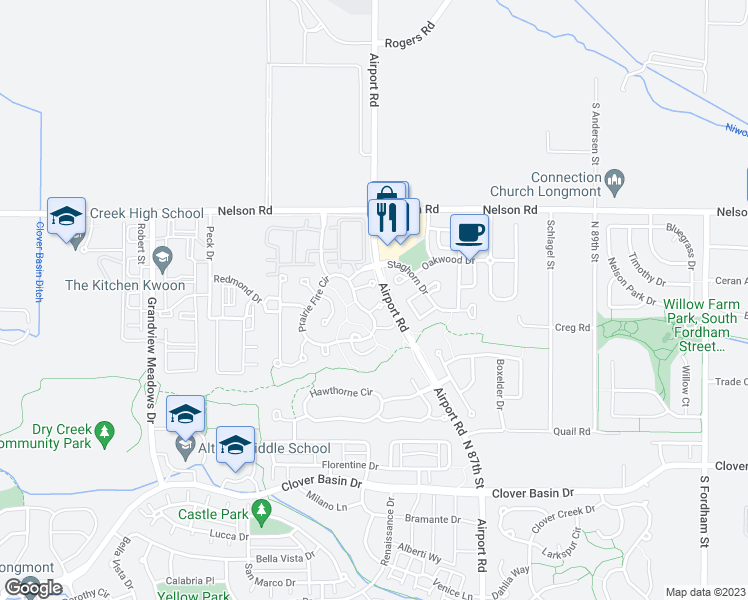 map of restaurants, bars, coffee shops, grocery stores, and more near 4006 Honeysuckle Way in Longmont