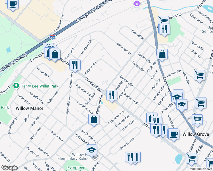 map of restaurants, bars, coffee shops, grocery stores, and more near 22 Fitzwatertown Road in Willow Grove