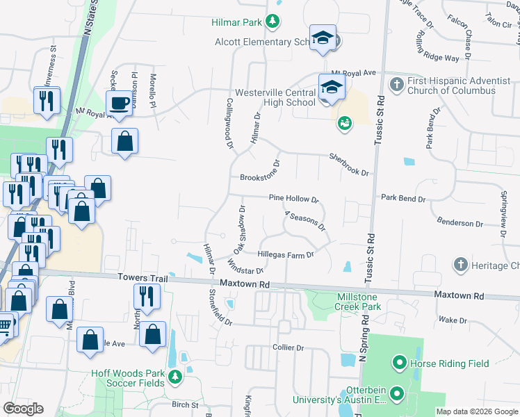 map of restaurants, bars, coffee shops, grocery stores, and more near 6971 Maple Hill Court in Westerville