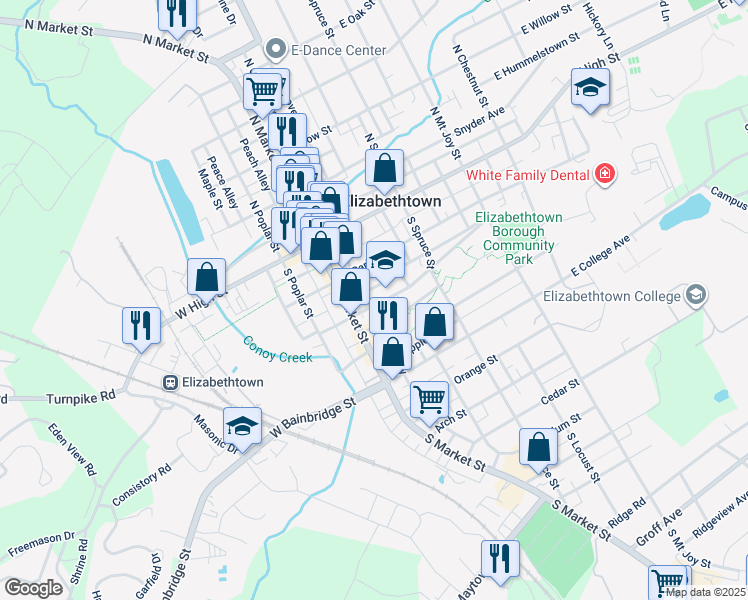 map of restaurants, bars, coffee shops, grocery stores, and more near 35 East Washington Street in Elizabethtown