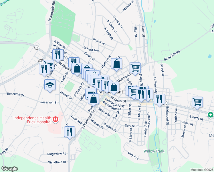 map of restaurants, bars, coffee shops, grocery stores, and more near 17 North Diamond Street in Mount Pleasant
