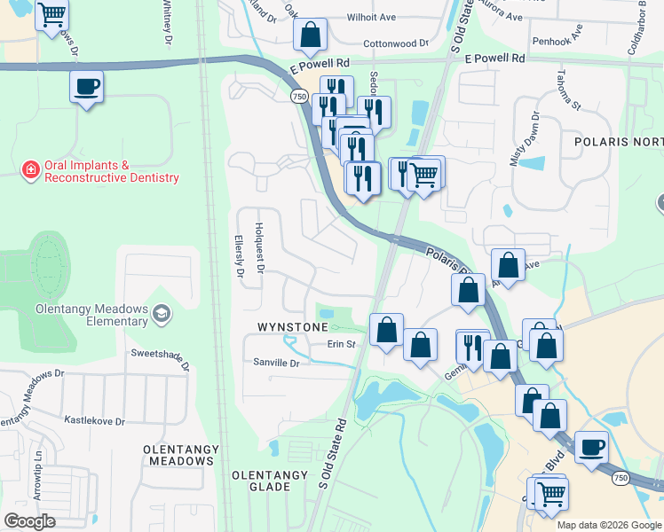 map of restaurants, bars, coffee shops, grocery stores, and more near 716 Granton Court in Lewis Center