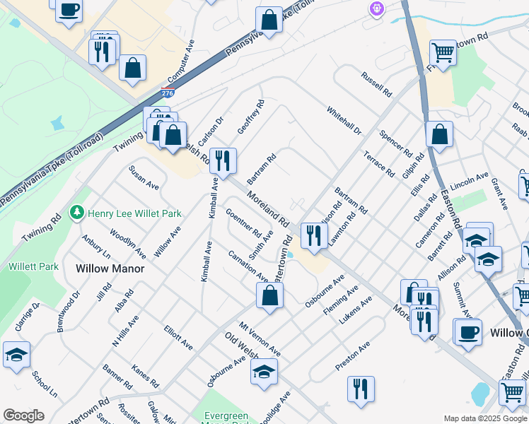map of restaurants, bars, coffee shops, grocery stores, and more near 2941 Goentner Road in Willow Grove