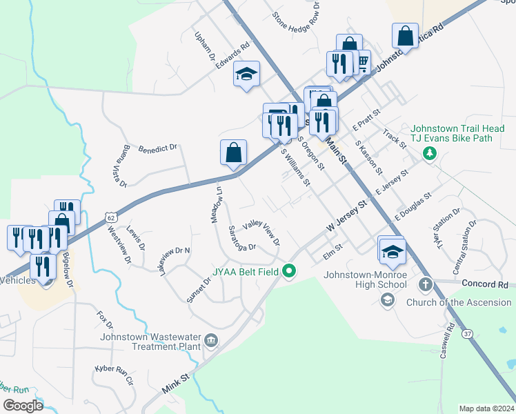map of restaurants, bars, coffee shops, grocery stores, and more near 237 Woodgate Court in Johnstown