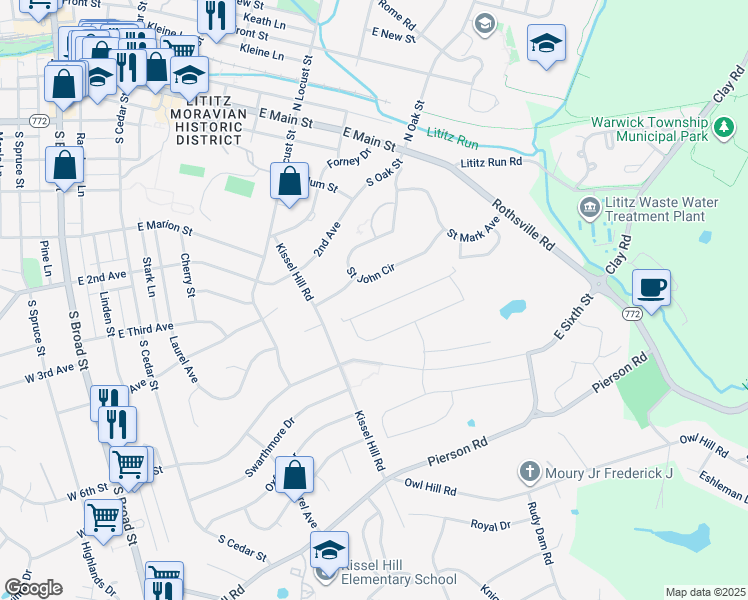 map of restaurants, bars, coffee shops, grocery stores, and more near Pin Oak Drive in Lititz