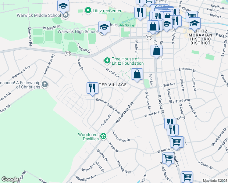 map of restaurants, bars, coffee shops, grocery stores, and more near 437 West Marion Street in Lititz