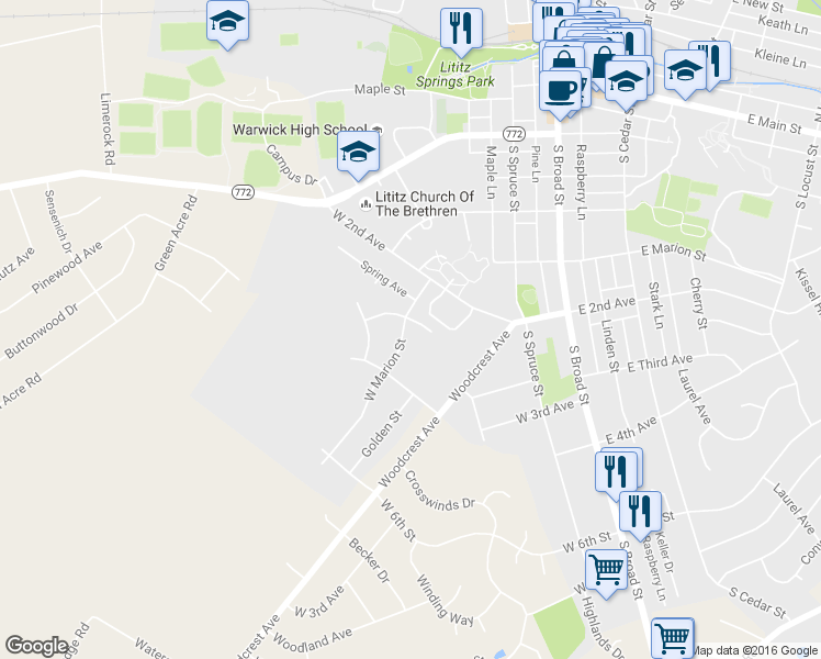 map of restaurants, bars, coffee shops, grocery stores, and more near 429 West Marion Street in Lititz