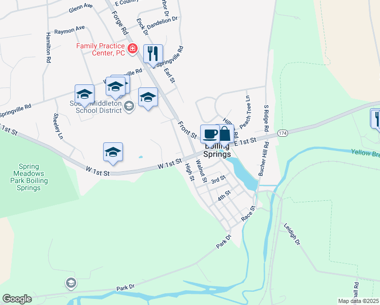 map of restaurants, bars, coffee shops, grocery stores, and more near 203 West 1st Street in Boiling Springs