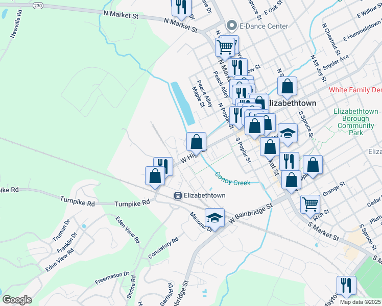 map of restaurants, bars, coffee shops, grocery stores, and more near 317 West High Street in Elizabethtown