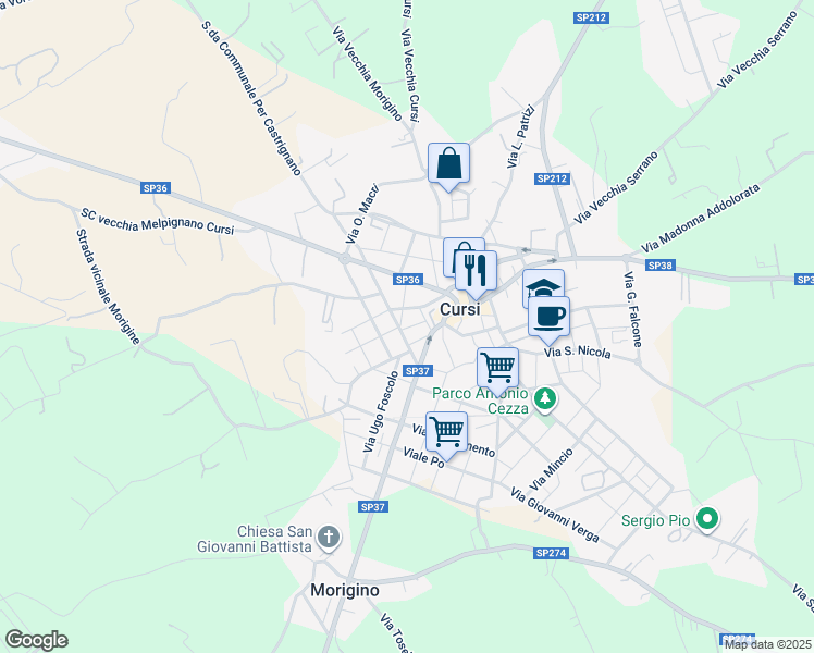map of restaurants, bars, coffee shops, grocery stores, and more near 12 Via Manzoni in Cursi