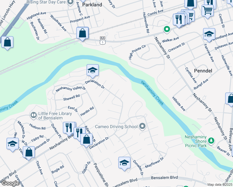 map of restaurants, bars, coffee shops, grocery stores, and more near 3133 Addison Court in Bensalem
