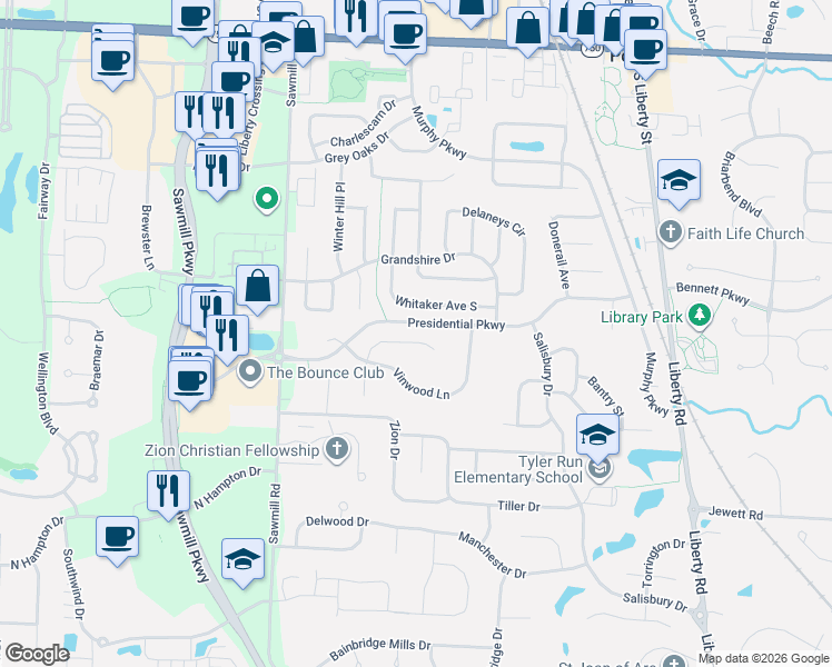 map of restaurants, bars, coffee shops, grocery stores, and more near 369 Rosewood Court in Powell