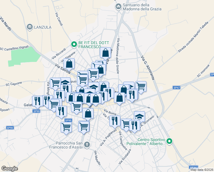 map of restaurants, bars, coffee shops, grocery stores, and more near 73 Via G. Leuzzi in Galatone
