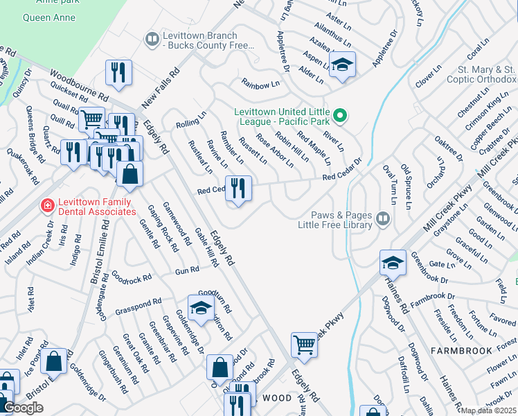 map of restaurants, bars, coffee shops, grocery stores, and more near 73 Roundwood Lane in Levittown