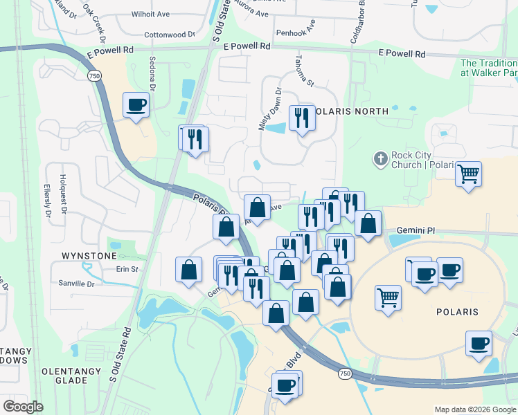 map of restaurants, bars, coffee shops, grocery stores, and more near 8901 Antares Park Drive in Columbus