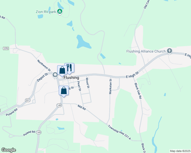 map of restaurants, bars, coffee shops, grocery stores, and more near 331 East High Street in Flushing