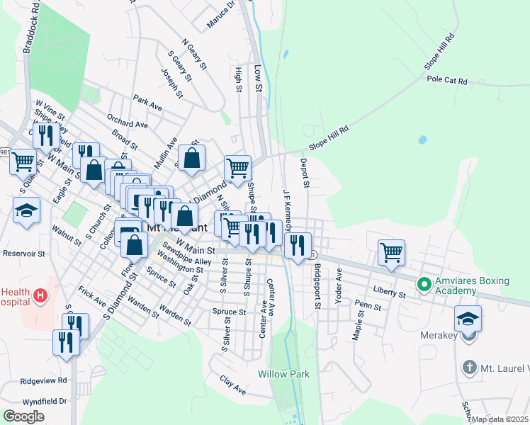 map of restaurants, bars, coffee shops, grocery stores, and more near 43 Cherry Avenue in Mount Pleasant