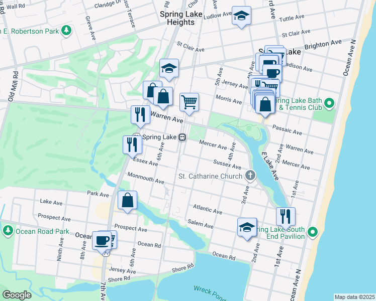map of restaurants, bars, coffee shops, grocery stores, and more near 521 Sussex Avenue in Spring Lake