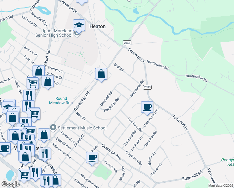 map of restaurants, bars, coffee shops, grocery stores, and more near 164 Sleighride Road in Willow Grove