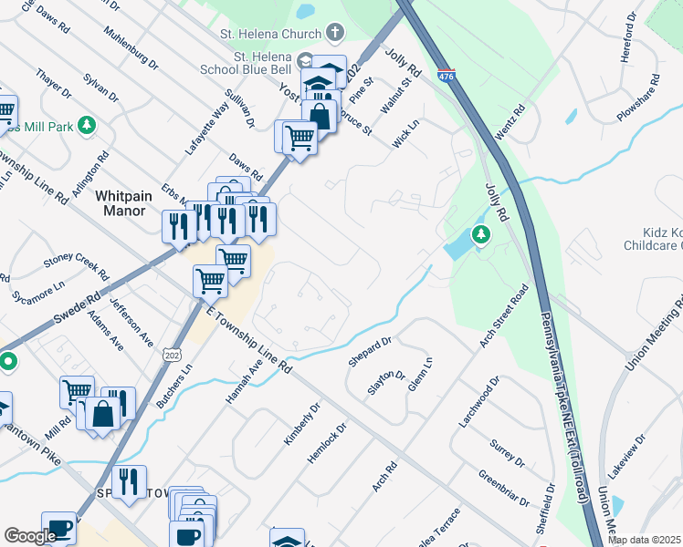 map of restaurants, bars, coffee shops, grocery stores, and more near 1316 Cernan Lane in Blue Bell
