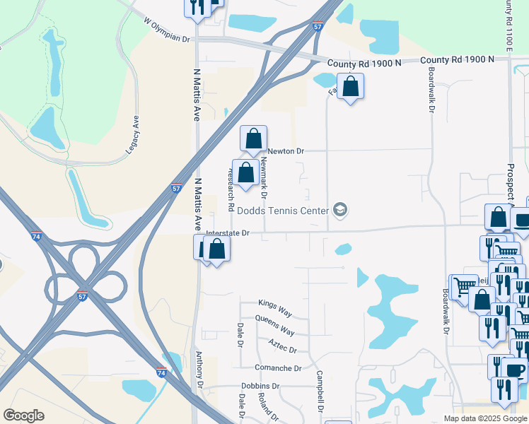 map of restaurants, bars, coffee shops, grocery stores, and more near 2902 Newmark Drive in Champaign