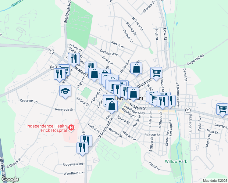 map of restaurants, bars, coffee shops, grocery stores, and more near 525 Union Alley in Mount Pleasant