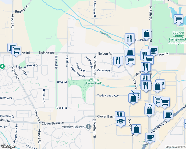 map of restaurants, bars, coffee shops, grocery stores, and more near in Longmont