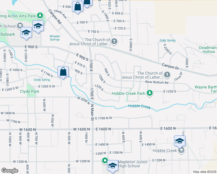 map of restaurants, bars, coffee shops, grocery stores, and more near 1863 1235 South in Springville