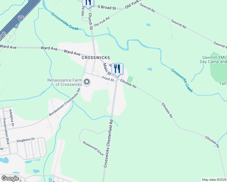 map of restaurants, bars, coffee shops, grocery stores, and more near 11 Crosswicks Chesterfield Road in Crosswicks