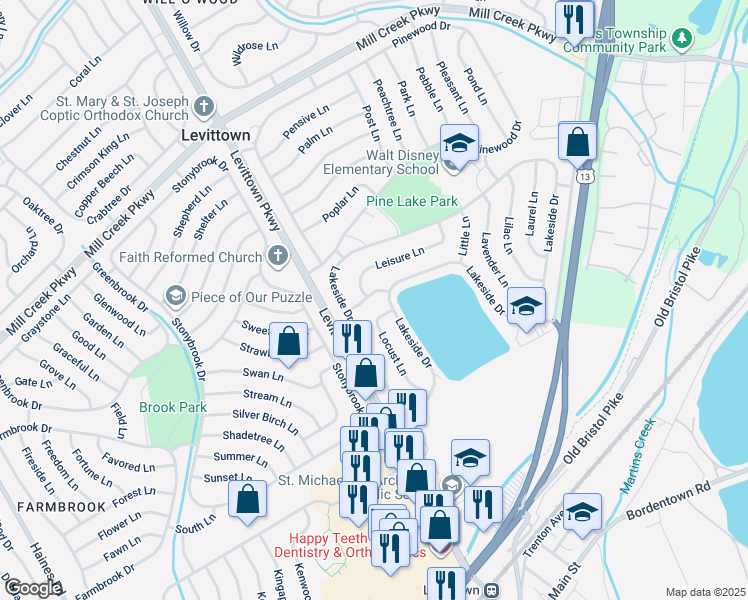 map of restaurants, bars, coffee shops, grocery stores, and more near 14 Linden Lane in Levittown