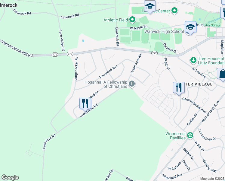 map of restaurants, bars, coffee shops, grocery stores, and more near 42 Green Acre Road in Lititz