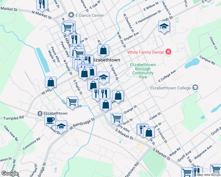 map of restaurants, bars, coffee shops, grocery stores, and more near 230 South Spruce Street in Elizabethtown