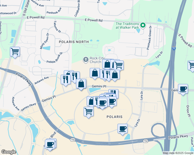 map of restaurants, bars, coffee shops, grocery stores, and more near 1250 Gemini Place in Columbus