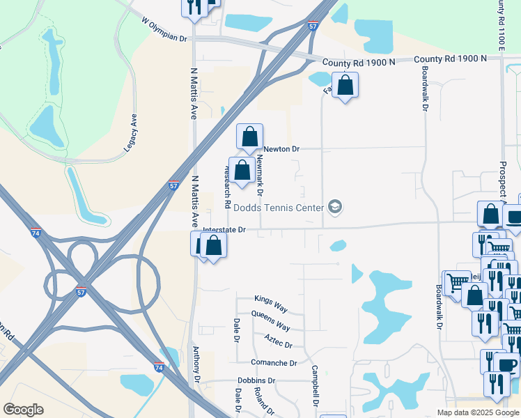 map of restaurants, bars, coffee shops, grocery stores, and more near 1600-1610 Interstate Dr in Champaign