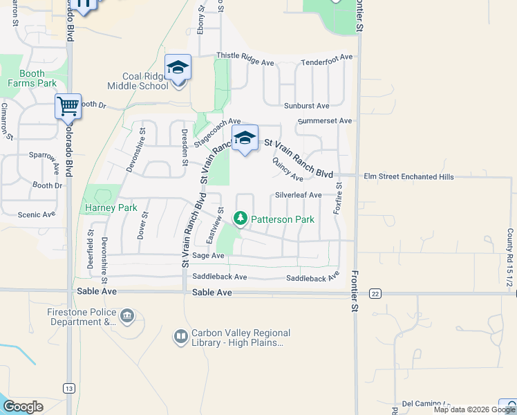 map of restaurants, bars, coffee shops, grocery stores, and more near 6482 Silverleaf Avenue in Longmont