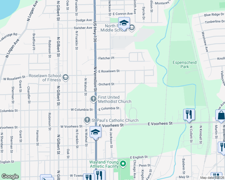 map of restaurants, bars, coffee shops, grocery stores, and more near 18 East Woodlawn Avenue in Danville