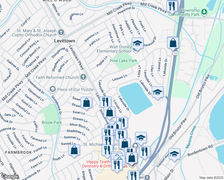 map of restaurants, bars, coffee shops, grocery stores, and more near 14 Linden Lane in Levittown