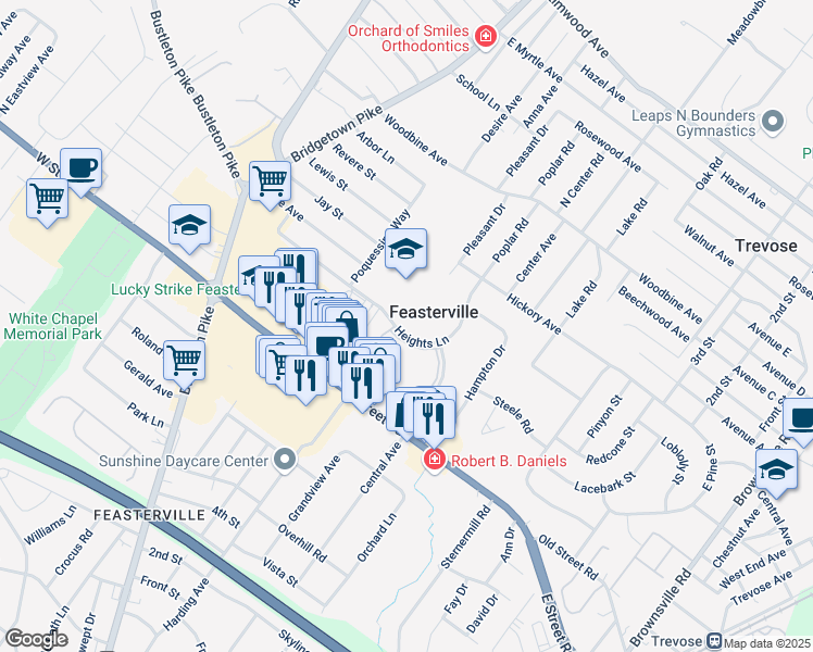 map of restaurants, bars, coffee shops, grocery stores, and more near 276 Heights Lane in Feasterville-Trevose