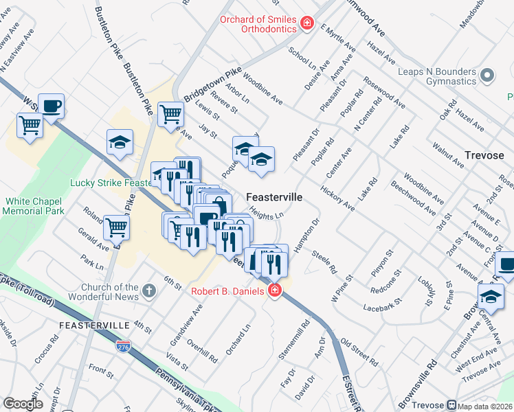 map of restaurants, bars, coffee shops, grocery stores, and more near 276 Heights Lane in Feasterville-Trevose